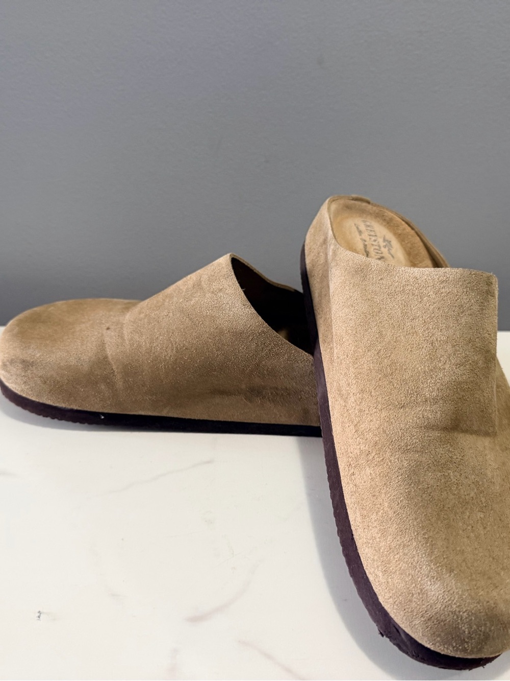 Greystone tan mule slides with heel cushion